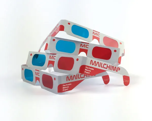 Stack of red and blue Mailchimp 3D glasses