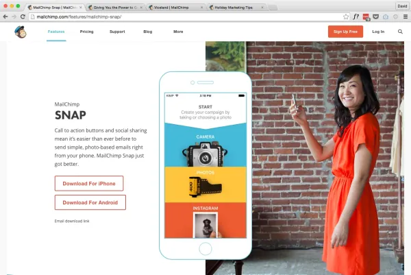 Mailchimp Snap product page with a woman holding a phone