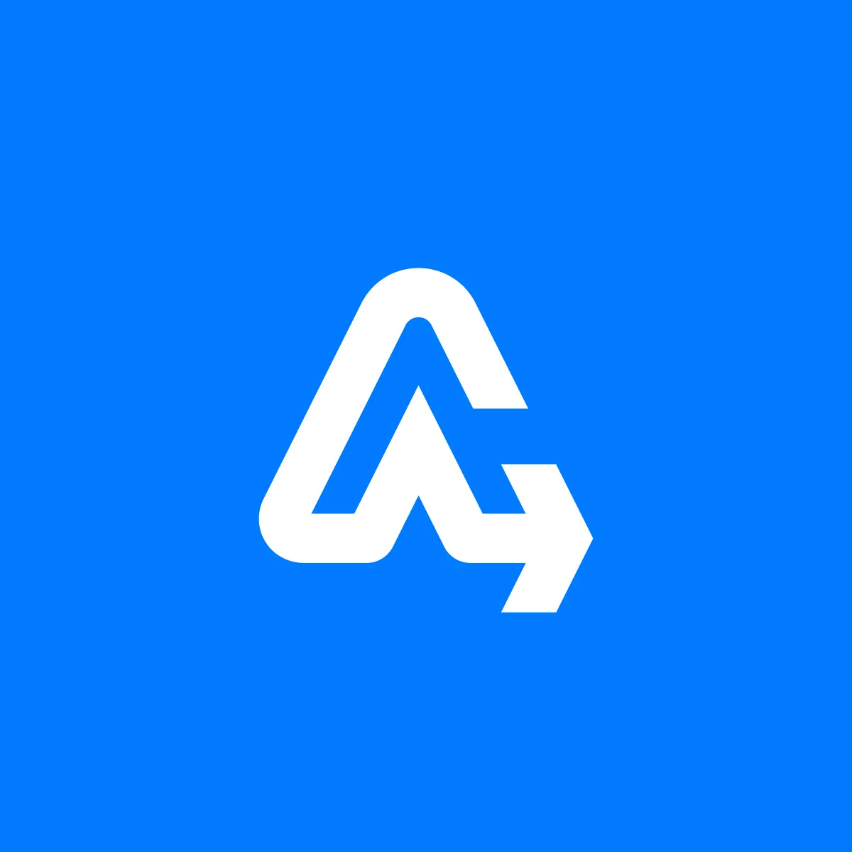 Blue tile with a white angular monogram logo mark