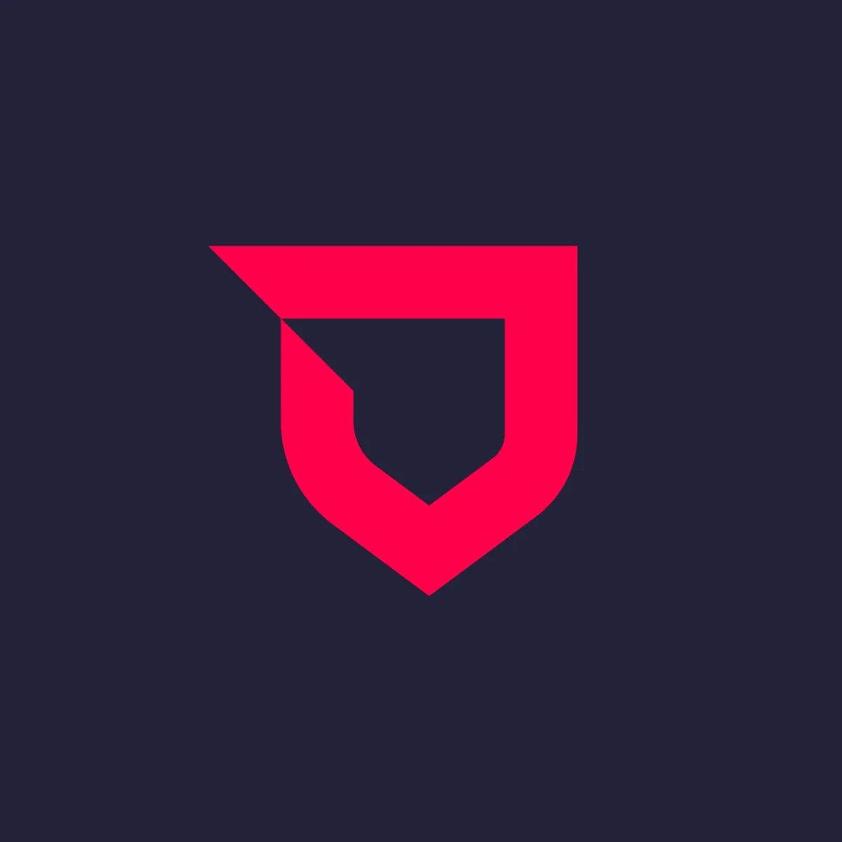 Red shield logo mark on a dark navy background
