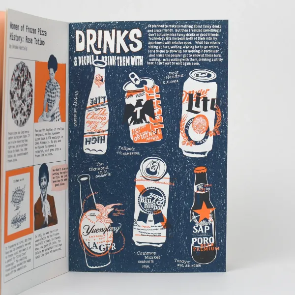 Illustrated zine spread of beer cans and bottles titled Drinks