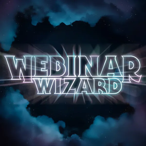 Webinar Wizard title in glowing neon letters over dark clouds