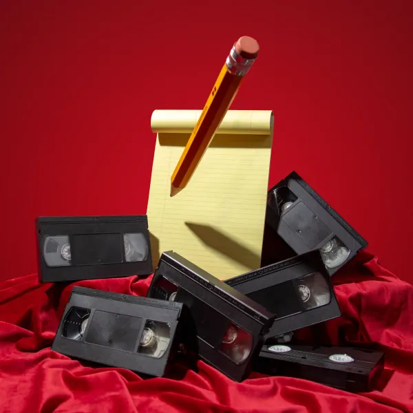 VHS tapes and a legal pad with a giant pencil on red fabric